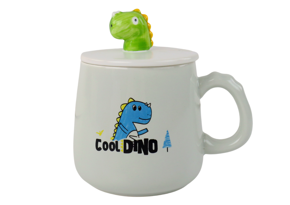 Kubek Ceramiczny Dinozaur Niebieski Przykrywka Łyżeczka 350ml - obrazek 2