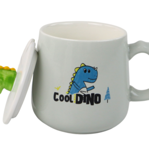 Kubek Ceramiczny Dinozaur Niebieski Przykrywka Łyżeczka 350ml