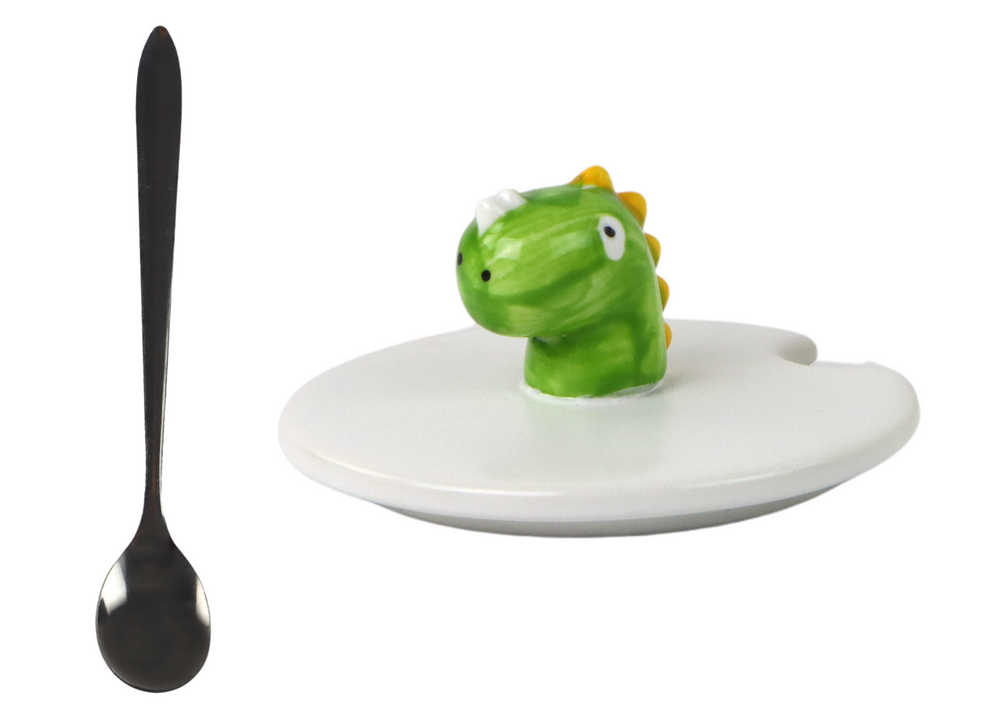 Kubek Ceramiczny Dinozaur Niebieski Przykrywka Łyżeczka 350ml - obrazek 3