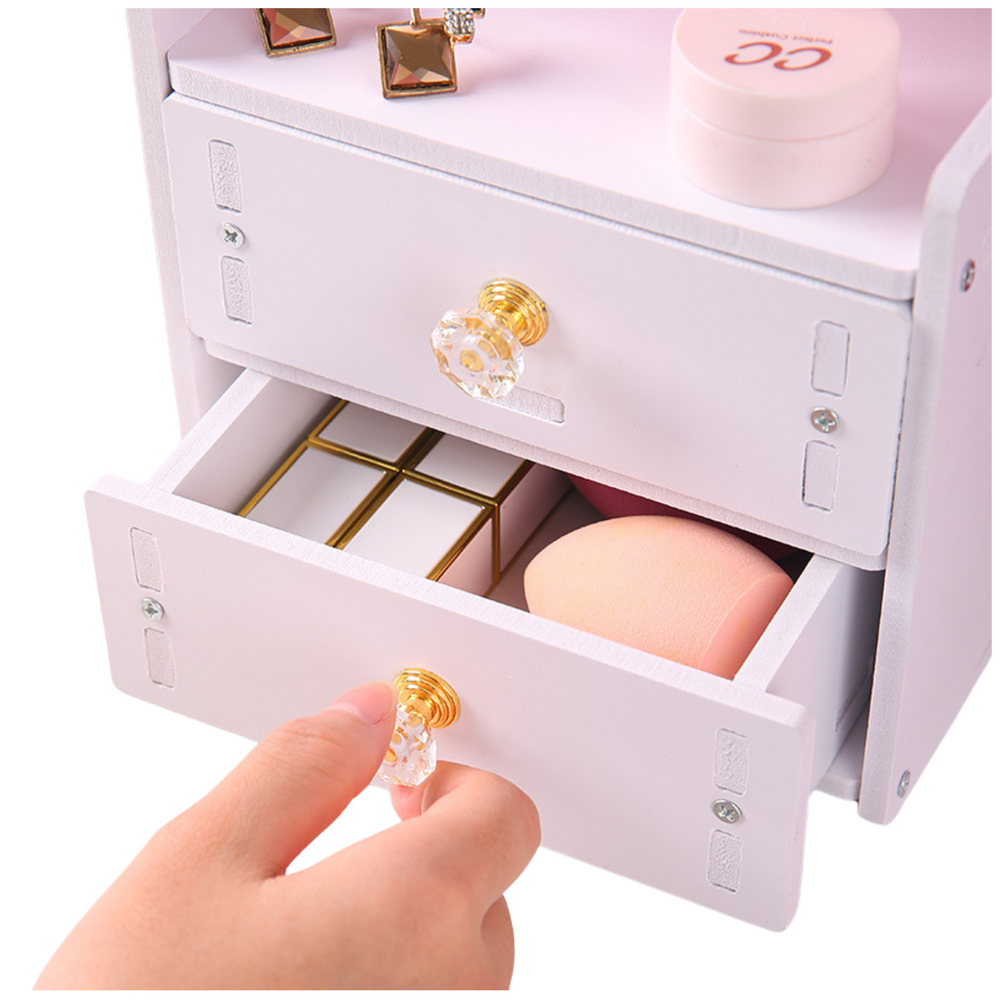 Mini Toaletka Lusterko Do Makijażu Dwie Szuflady Uszy Drewniana Biała - obrazek 2