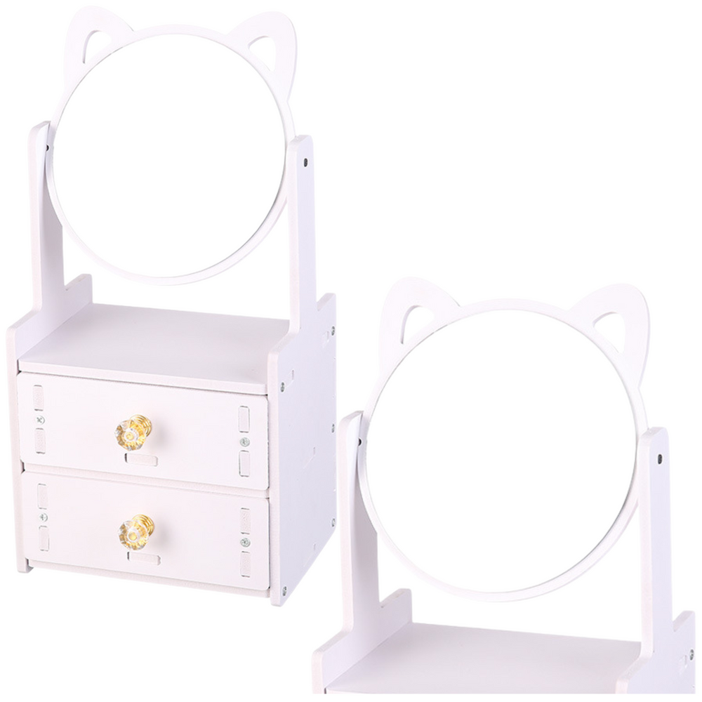 Mini Toaletka Lusterko Do Makijażu Dwie Szuflady Uszy Drewniana Biała - obrazek 3
